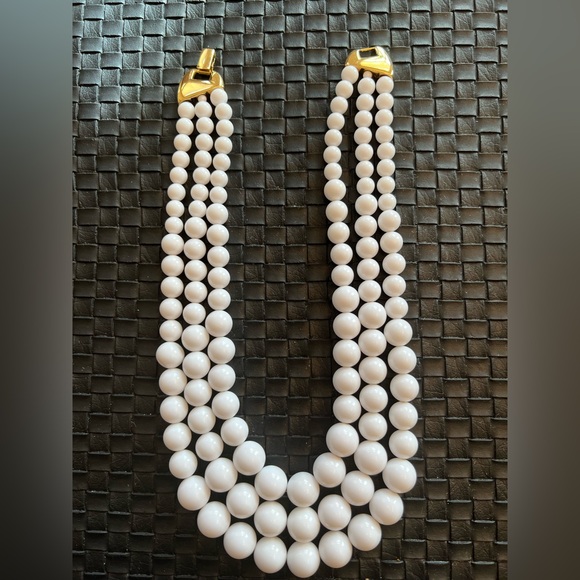 Napier Jewelry - Vintage Napier 3-Strand White Beaded Necklace with Signed Gold Clasp